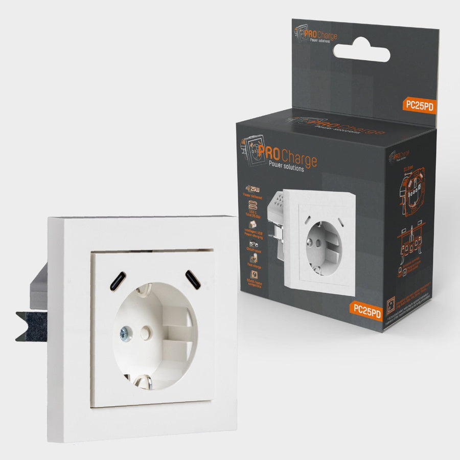 ProCharge USB-C wandcontactdoos inbouw met USB - 2 snelladers USB-C poorten - Universeel - Wit Stekkers led.gl
