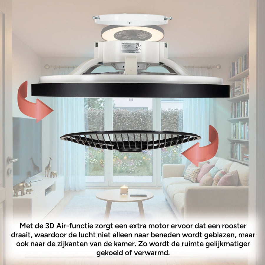 Proventa 3D Air Plafondlamp met Ventilator 60cm - Full room luchtcirculatie - Zomer & Winterstand – Licht en kleurtemperatuur instelbaar Plafondventilatoren led.gl