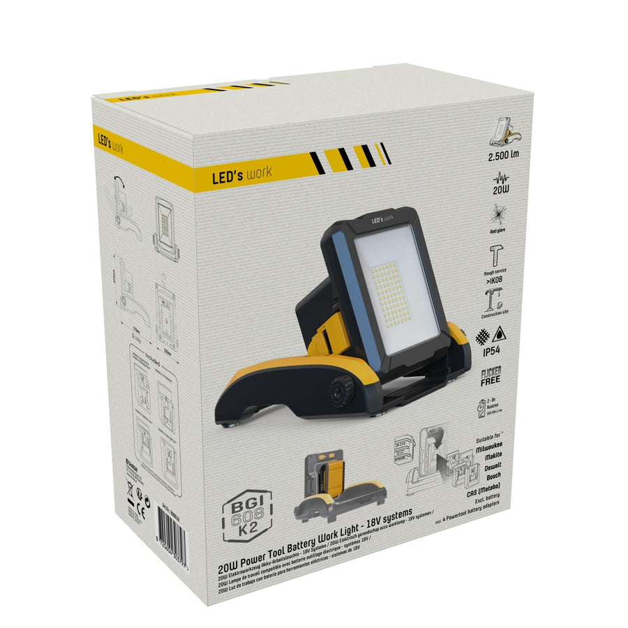 LED's Work 18V Draadloze LED Werklamp 2900 - Werkt op accu van Makita, Bosch, Dewalt, Milwaukee, Metabo – IP54 Bouwlampen led.gl