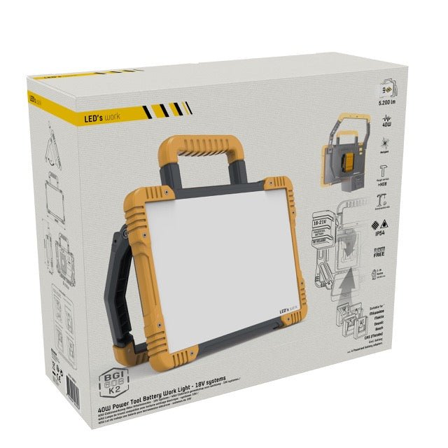 LED's Work Draadloze LED Bouwlamp 5200 - Werkt op accu's van Makita, Bosch, Dewalt, Milwaukee, Metabo – IP54 Bouwlampen led.gl