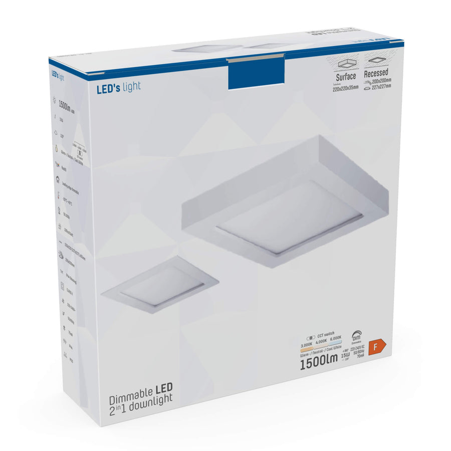 LED's Light LED Inbouwspot opbouwspot vierkant 15 cm - CCT - Dimbaar - Inbouw en opbouw - 1200 lm - Zaagmaat 147×147mm – Wit Plafondlampen led.gl