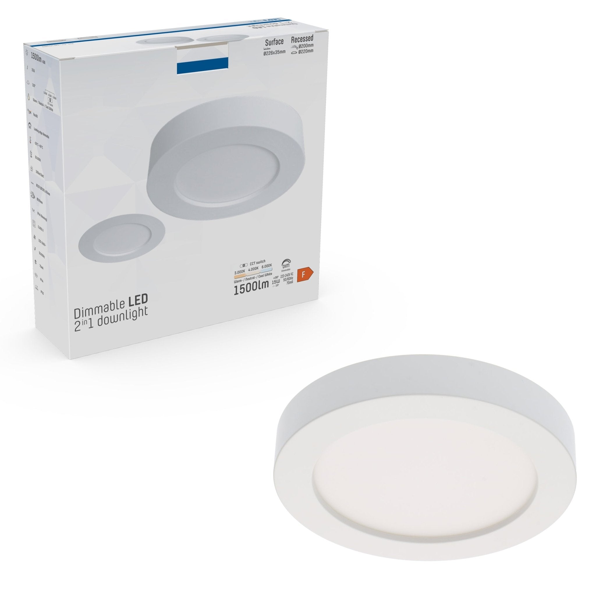 LED's Light Inbouw/Opbouw LED Plafondlamp 15W 1500lm CCT 3000K/4000K/6000K – Zaagmaat Ø 200mm – Wit – Dimbaar Plafondlampen led.gl