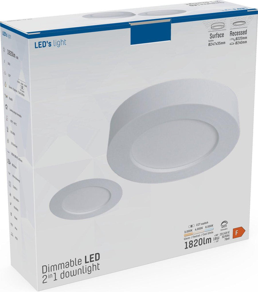 LED's Light Inbouw/Opbouw LED Plafondlamp Downlight - Dimbaar - 18W – 1820 lm – Ø240 mm – Zaagmaat Ø 220mm | CCT 3000K / 4000K / 6000K - Wit Plafondlampen led.gl