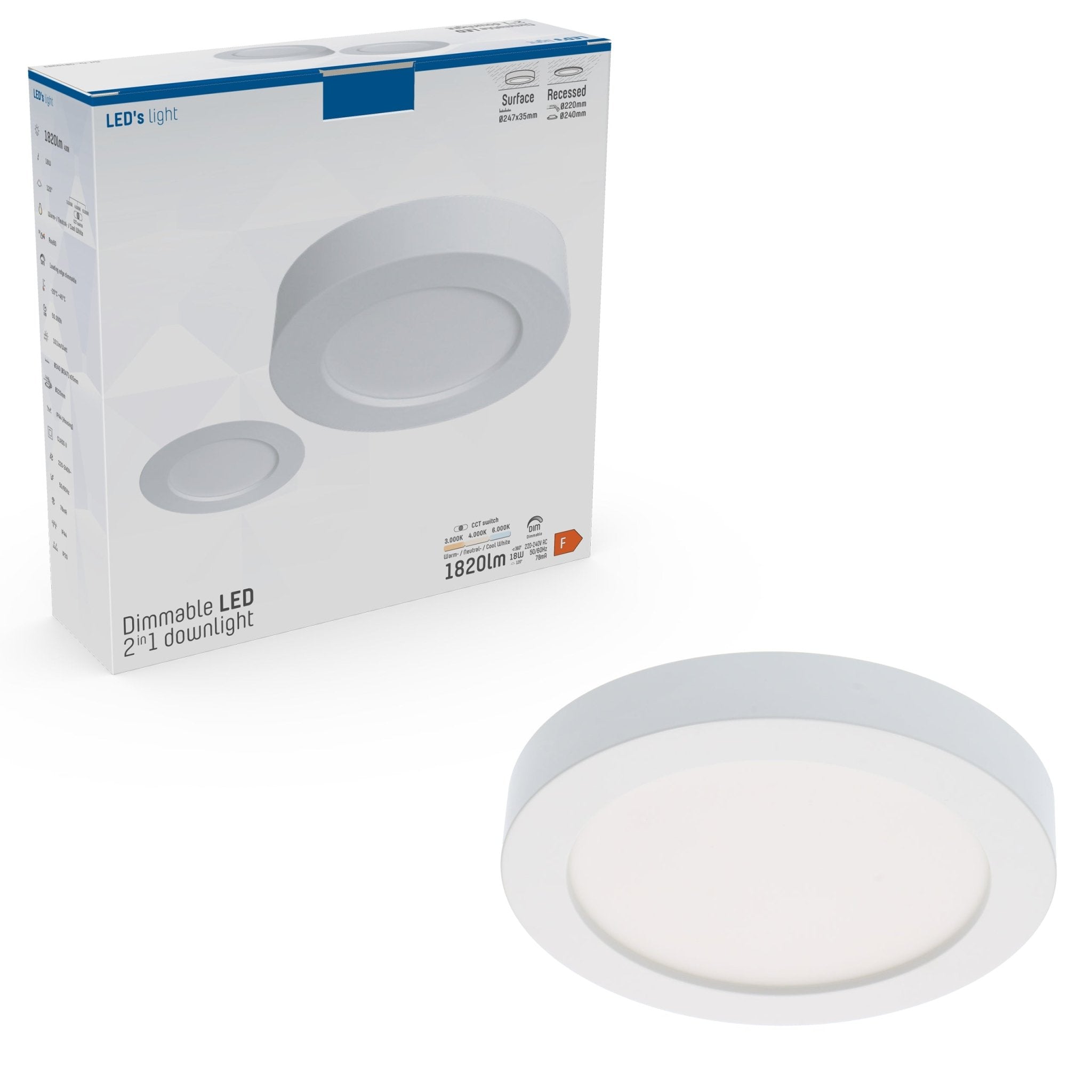 LED's Light Inbouw/Opbouw LED Plafondlamp Downlight - Dimbaar - 18W – 1820 lm – Ø240 mm – Zaagmaat Ø 220mm | CCT 3000K / 4000K / 6000K - Wit Plafondlampen led.gl