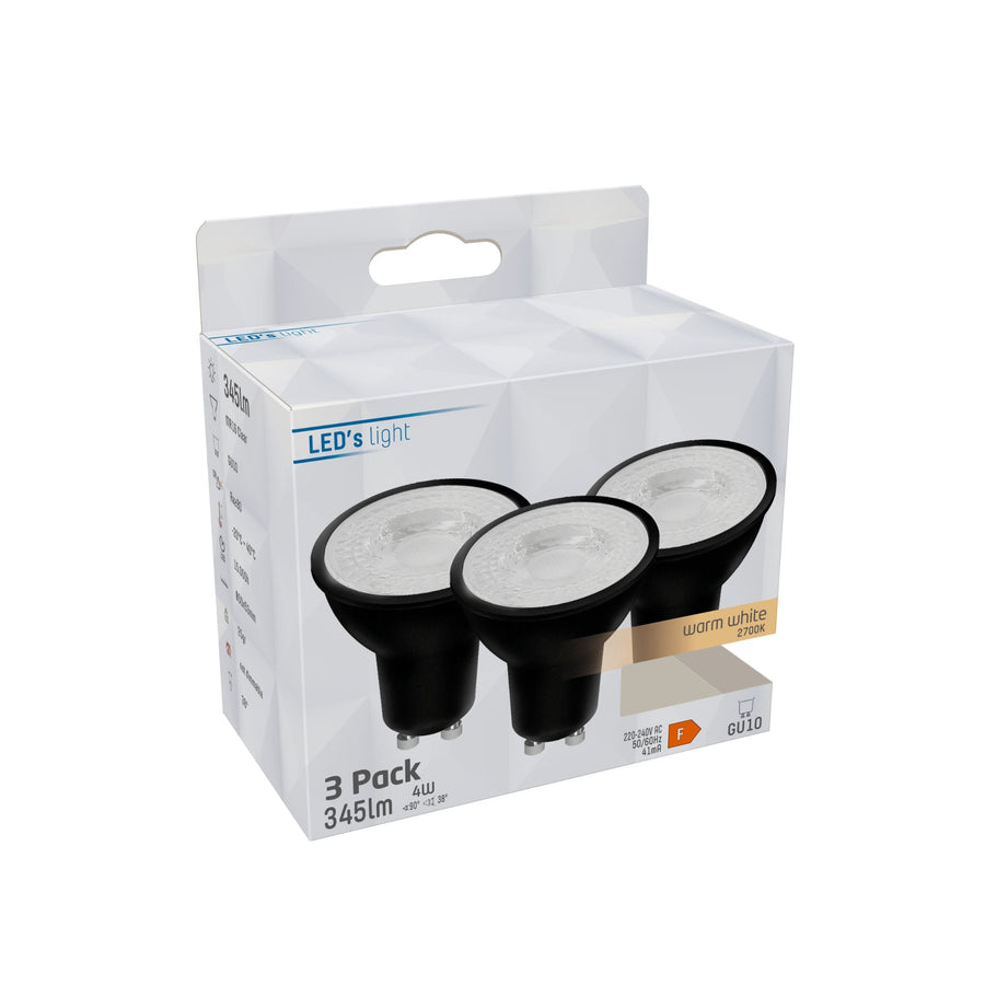 GU10 LED Spots zwart - Warm wit licht - 4W/50W - 345 lm - 3PACK Spotjes led.gl