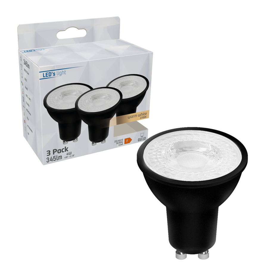 GU10 LED Spots zwart - Warm wit licht - 4W/50W - 345 lm - 3PACK Spotjes led.gl