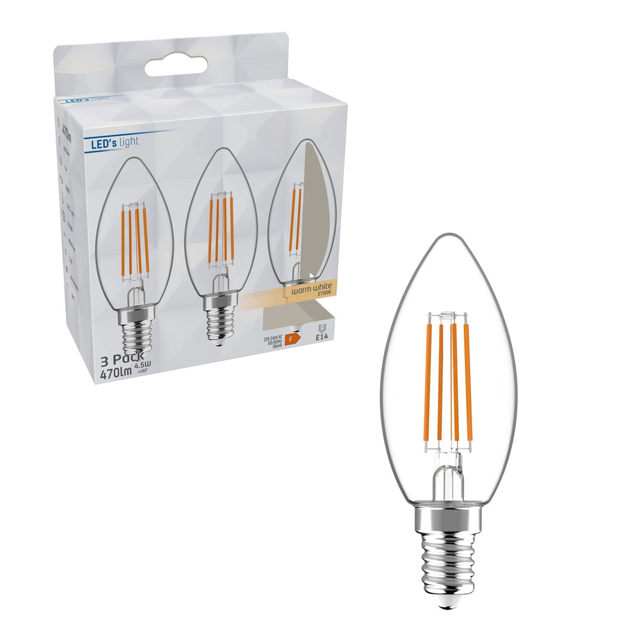 LED Lampen Kaars E14 - helder glas - Warm wit licht - 470 lm - 3PACK LED Filament Lampen led.gl