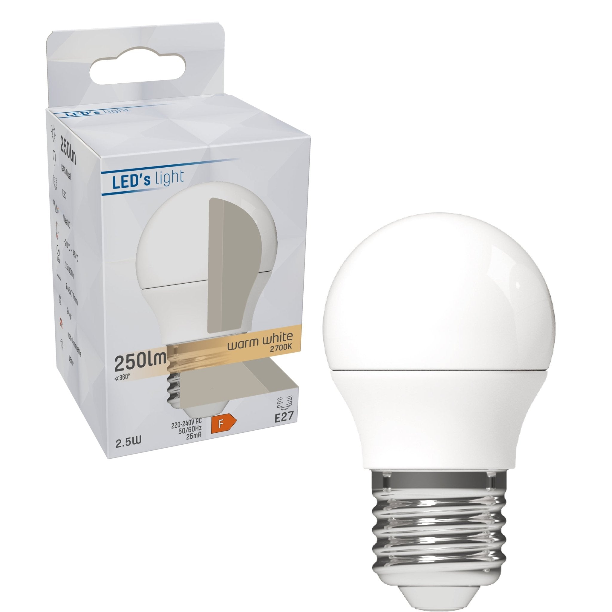 LongLife LED Lamp E27 - Mat - Warm wit - 2.5W (25W) - G45 Kogel Lichtbronnen led.gl