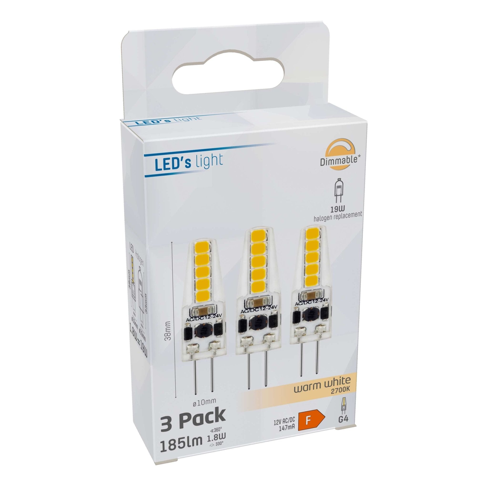 LongLife LED Steeklamp G4 - 12V - Dimbaar warm wit licht - 1.9W (20W) - 3 lampjes Dimbare steeklampjes led.gl