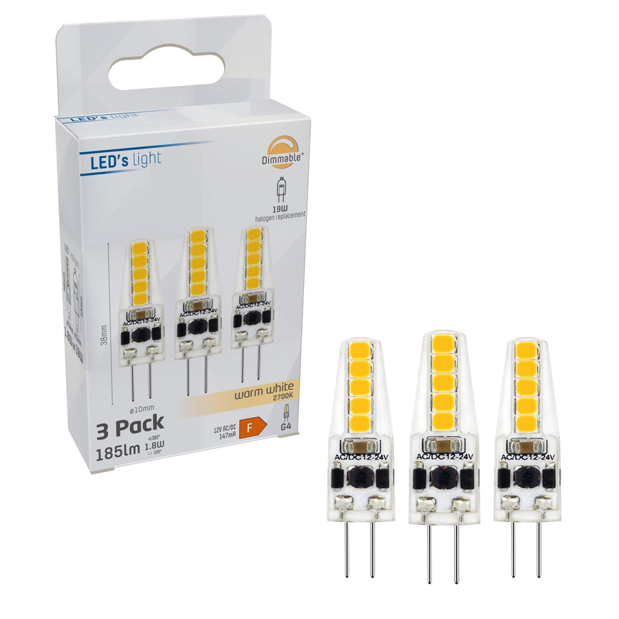 LongLife LED Steeklamp G4 - 12V - Dimbaar warm wit licht - 1.9W (20W) - 3 lampjes Dimbare steeklampjes led.gl