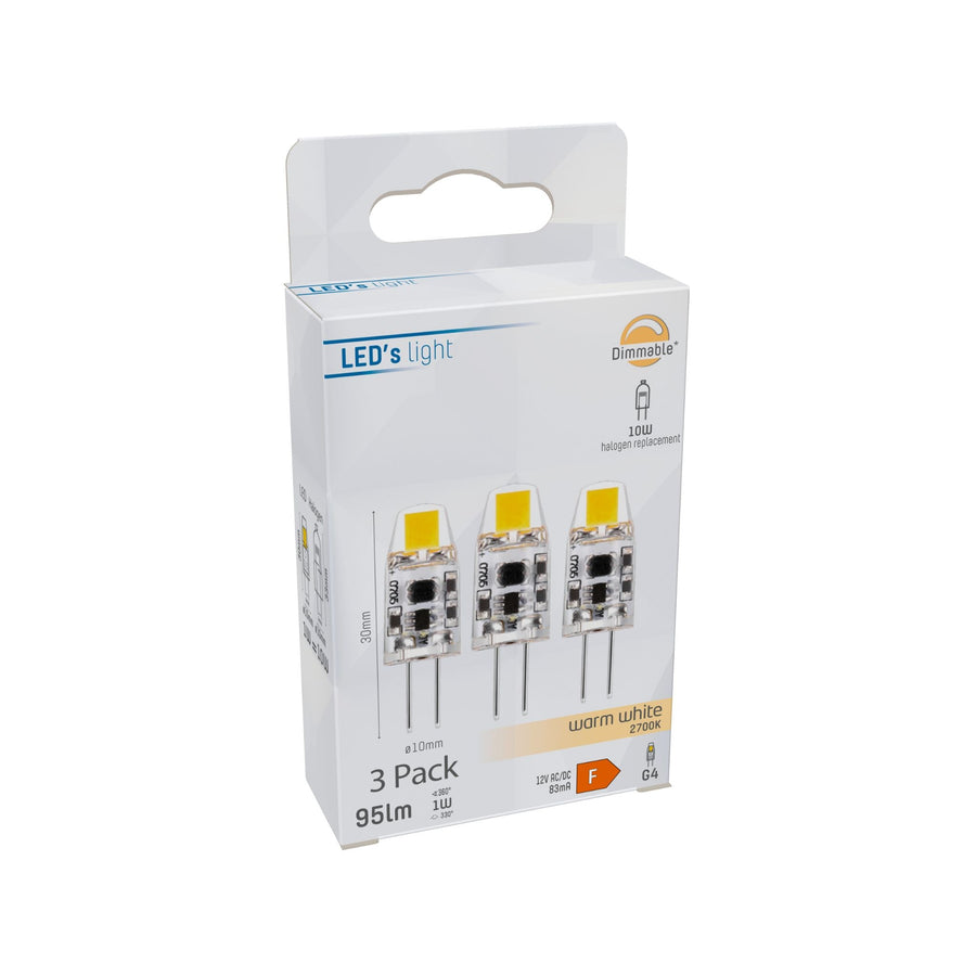 G4 LED Lampen - 12V - 1W vervangt 10W - Warm wit licht - 3PACK Dimbare steeklampjes led.gl