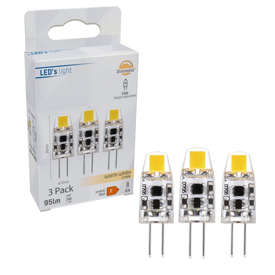 G4 LED Lampen - 12V - 1W vervangt 10W - Warm wit licht - 3PACK Dimbare steeklampjes led.gl