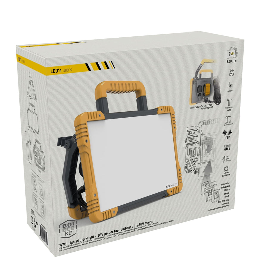 LED's Light 18V Hybride LED Bouwlamp 5500lm - Incl Adapters - Bedraad en draadloos te gebruiken – IP54 – Rough Service Tested – 47W Bouwlampen led.gl