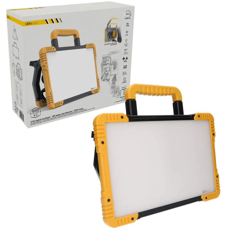 LED's Light 18V Hybride LED Bouwlamp 5500lm - Incl Adapters - Bedraad en draadloos te gebruiken – IP54 – Rough Service Tested – 47W Bouwlampen led.gl