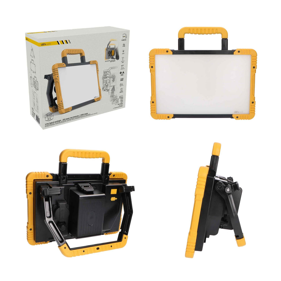 LED's Light 18V Hybride LED Bouwlamp 5500lm - Incl Adapters - Bedraad en draadloos te gebruiken – IP54 – Rough Service Tested – 47W Bouwlampen led.gl