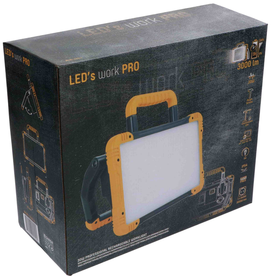 Oplaadbare Premium LED bouwlamp 30W – Zowel op netstroom als accu te gebruiken – Dimbaar in 3 standen – 3000 lumen – IP54 Bouwlampen led.gl
