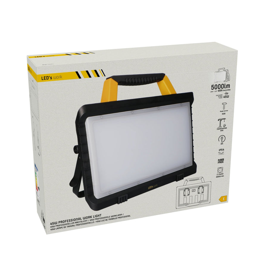 LED's Work Bouwlamp 5000 - 2 extra stopcontacten - 3 meter snoer - IP54 water- en stofbestendig Bouwlampen led.gl