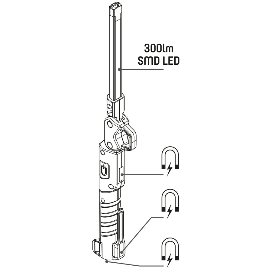 LED's Work Oplaadbare Looplamp 300 - Inspectielamp - Inklapbaar & Draadloos - Met magneet en haak Bouwlampen led.gl