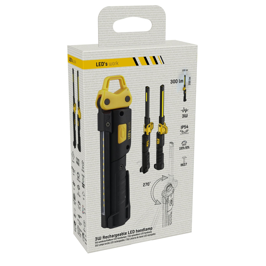 LED's Work Oplaadbare Looplamp 300 - Inspectielamp - Inklapbaar & Draadloos - Met magneet en haak Bouwlampen led.gl