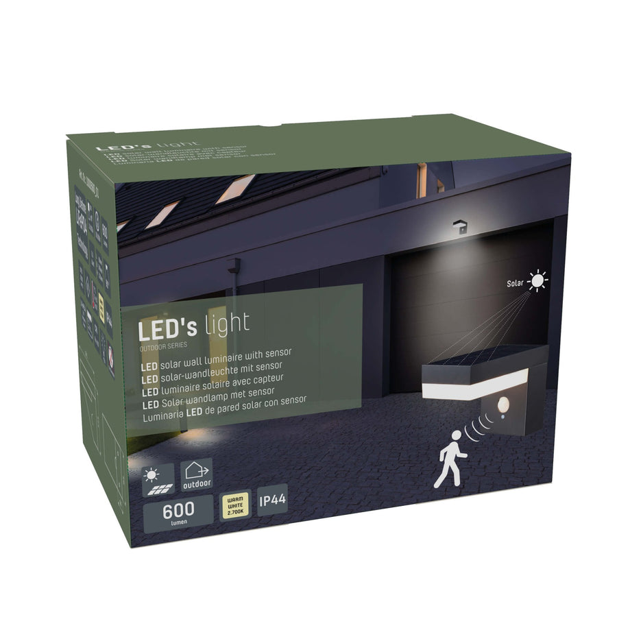 LED's Light RVS Solar LED Muurlamp met Bewegingssensor - Draadloos - Vierkant - 3 standen - Zwart Buitenlampen led.gl