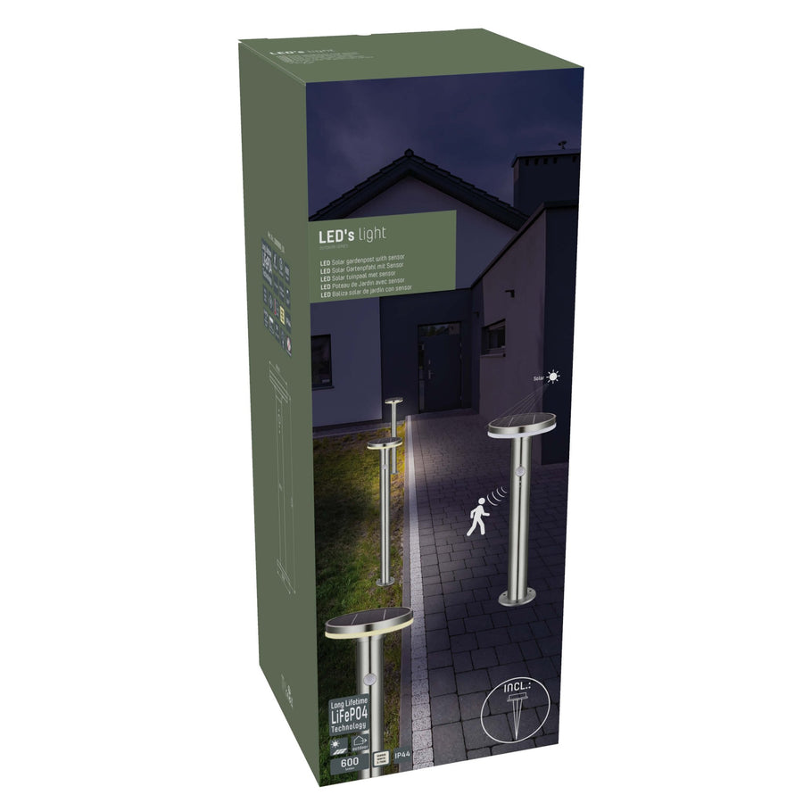 LED's Light RVS Solar LED Tuin Lantaarnpaal met Bewegingssensor - Draadloos - 3 standen - Zilver Lantaarns led.gl